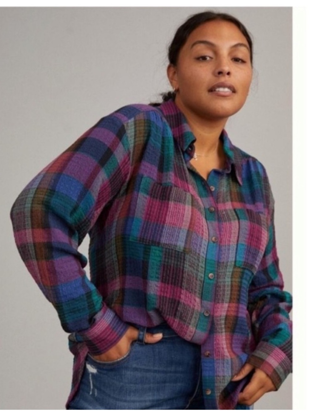 Pilcro Anthropologie Purple Blue Plaid Button Down Patch Pocket Shirt Size 1X